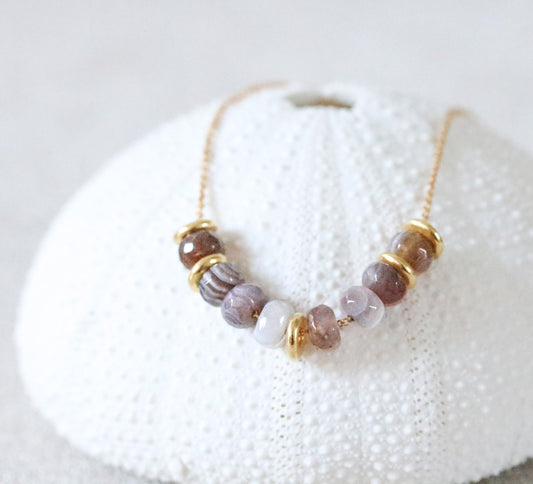 Faceted Botswana Agate Rondelle Necklace: Adjustable Gold Filled Chain