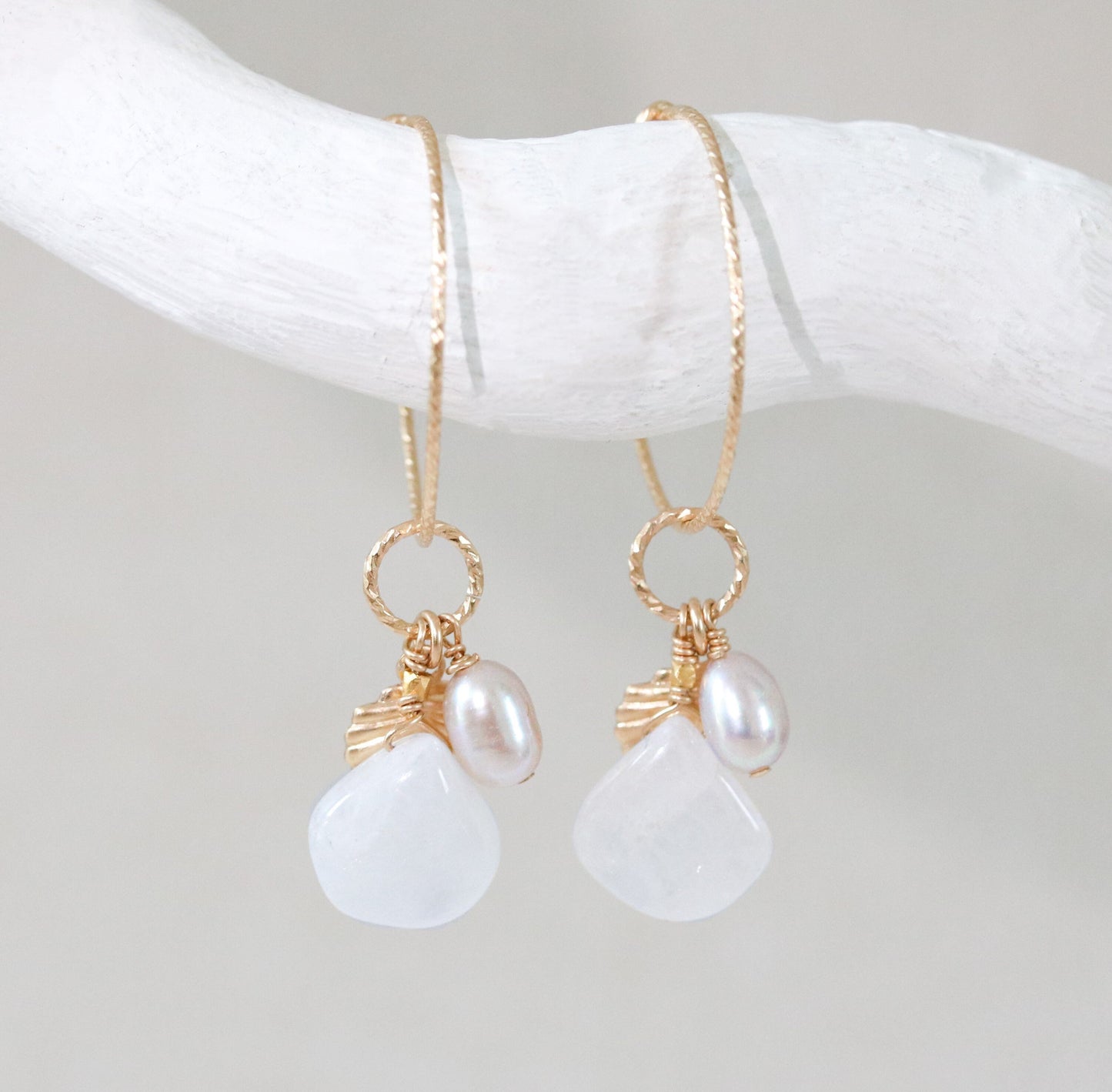 Moonstone Pearl Gold Hoops: Textured Shell Charm Earrings