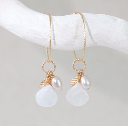 Moonstone Pearl Gold Hoops: Textured Shell Charm Earrings