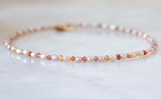 Handmade Pearl Anklet: Faceted Sapphire, Tourmaline, Gold Shell Charm
