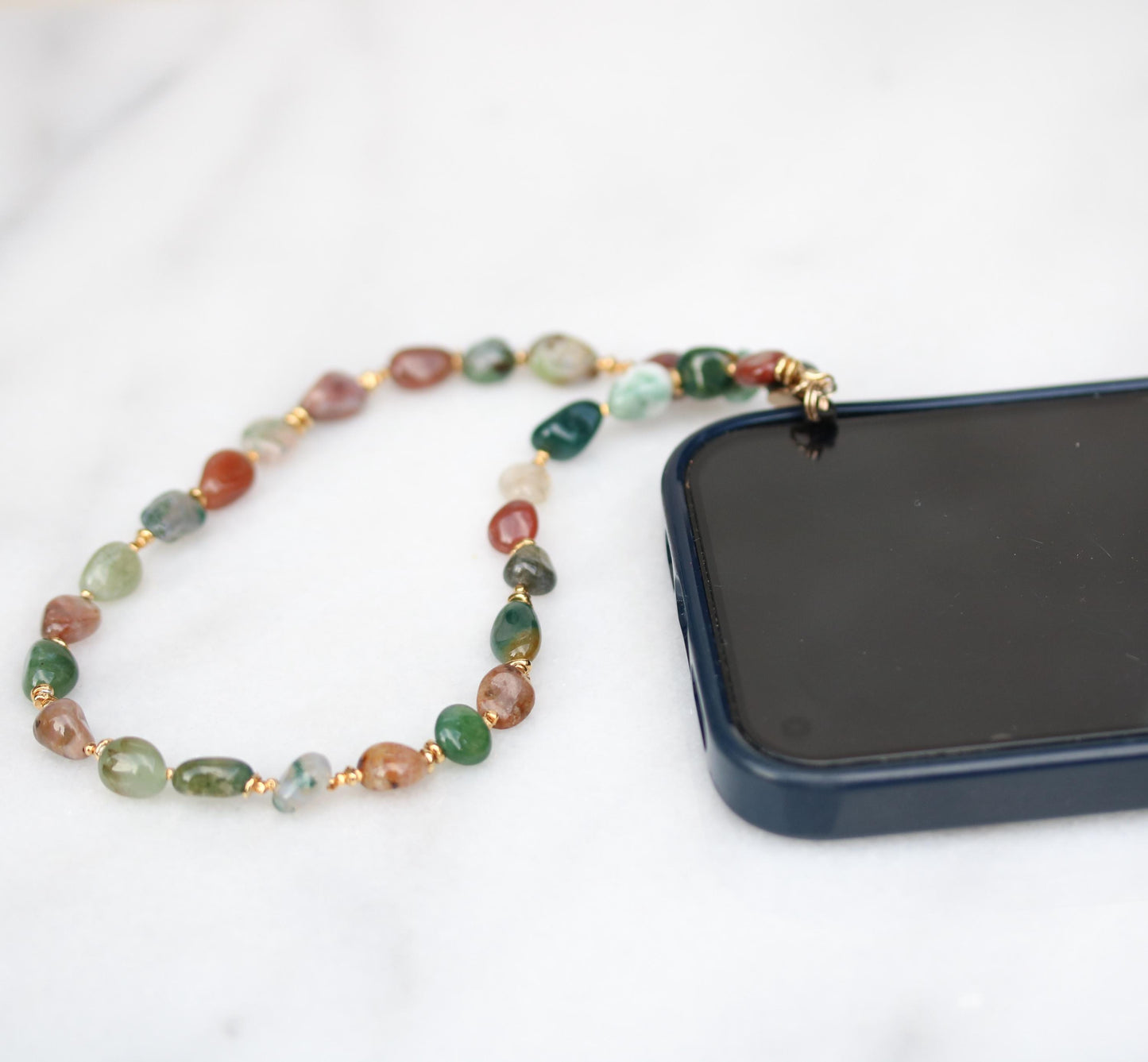Indian Agate Phone Charm: Gold Vermeil Beaded Phone Lanyard, Handmade in France