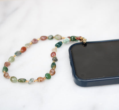 Indian Agate Phone Charm: Gold Vermeil Beaded Phone Lanyard, Handmade in France