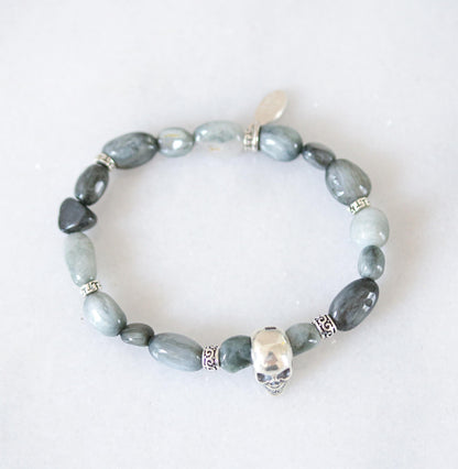 Children's Eagle Eye Gemstone Bracelet: Sterling Silver Skull, Handmade in France