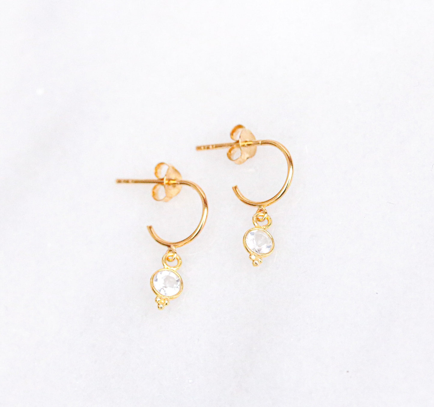 White Topaz Gold Vermeil Huggie Hoop Earrings: Dainty Bezel Set