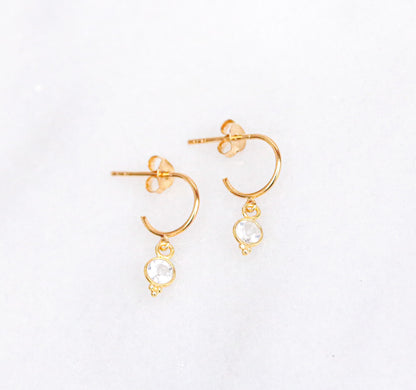 White Topaz Gold Vermeil Huggie Hoop Earrings: Dainty Bezel Set