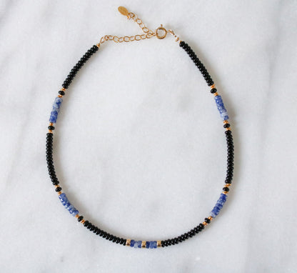 Blue Spot Jasper & Black Onyx Heishi Necklace: Gold Vermeil Surfer Choker
