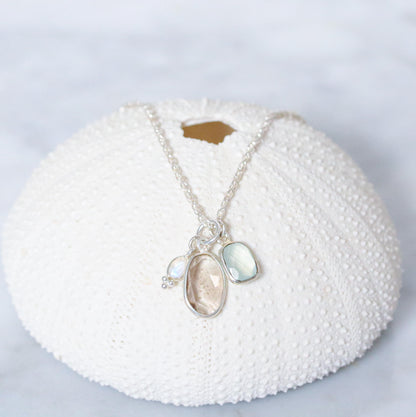 Moonstone, Quartz & Chalcedony Solid Silver Charm Necklace