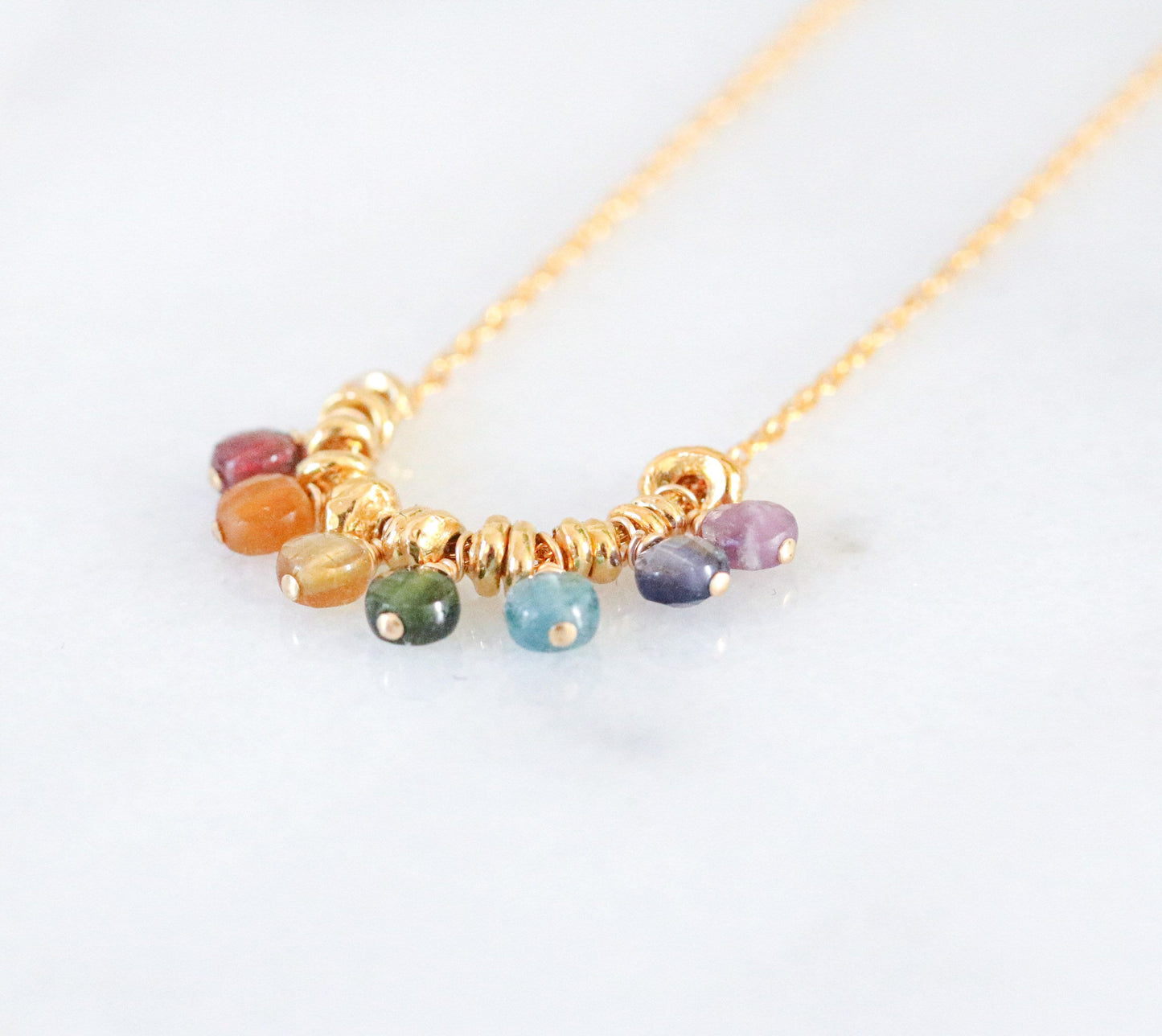 Rainbow Gemstone Mini Coin Necklace: 14k Gold Filled Charm, Handmade in France