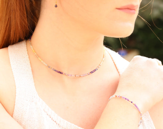 Fluorite Choker: Rose Gold Faceted Mini Cube Rainbow Gemstone Necklace