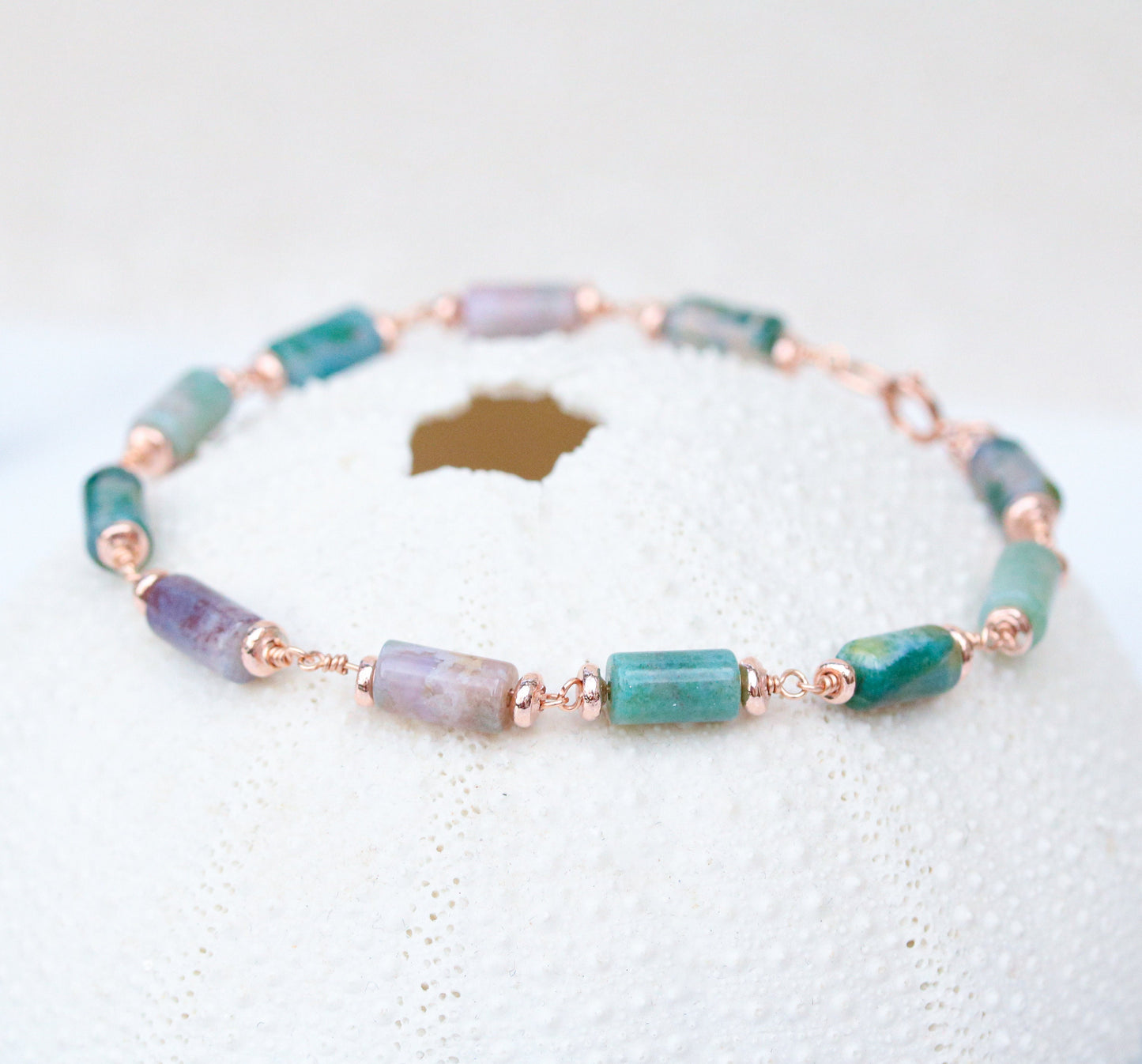 Pastel Indian Agate Bracelet: Rose Gold Chain, Dainty Gemstone Jewelry