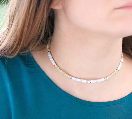 Peridot & Howlite Heishi Choker: Rose Gold Surfer Style Necklace