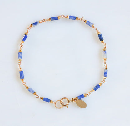 Sodalite Beaded Bracelet: Gold Karen Hill Tribe Beads, Dainty Chain