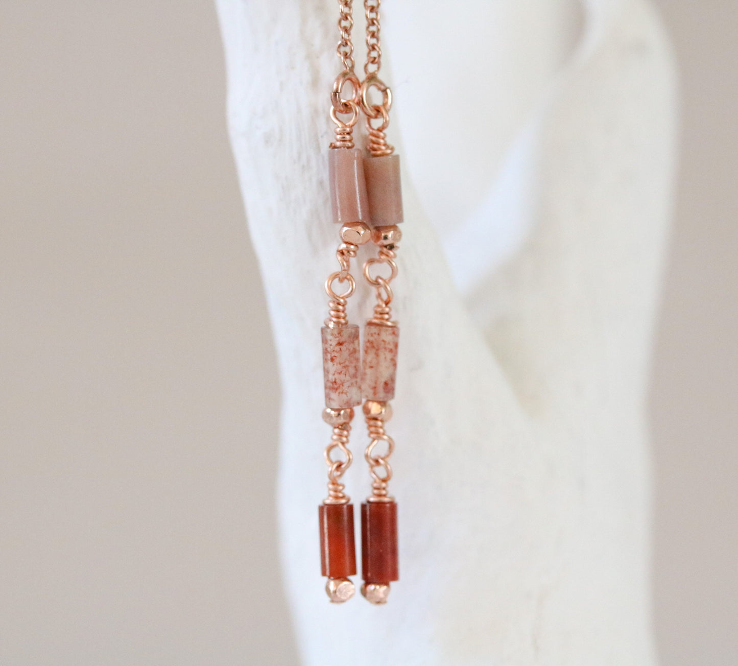 Handmade Indian Agate Threader Earrings: Rose Gold Fill Dangles
