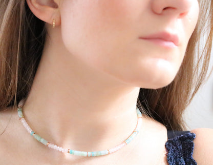 Rose Quartz Amazonite Choker: Rose Gold Heishi Necklace