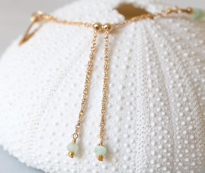 Green Opal Bracelet: Gold Karen Hill Tribe Bead, Adjustable Chain