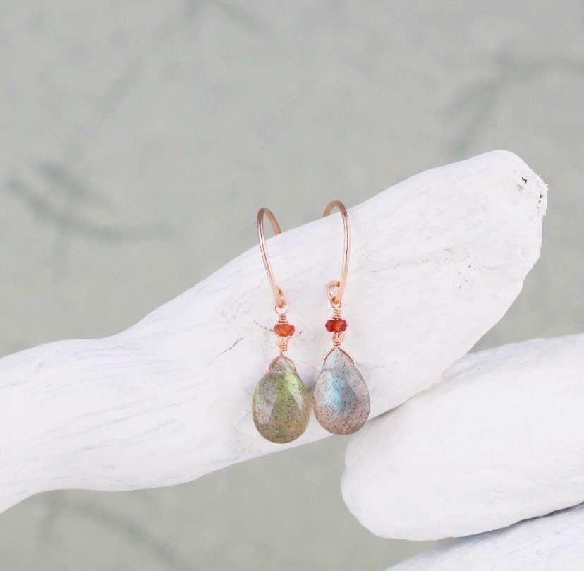 Handcrafted Rose Gold Labradorite Garnet Teardrop Earrings
