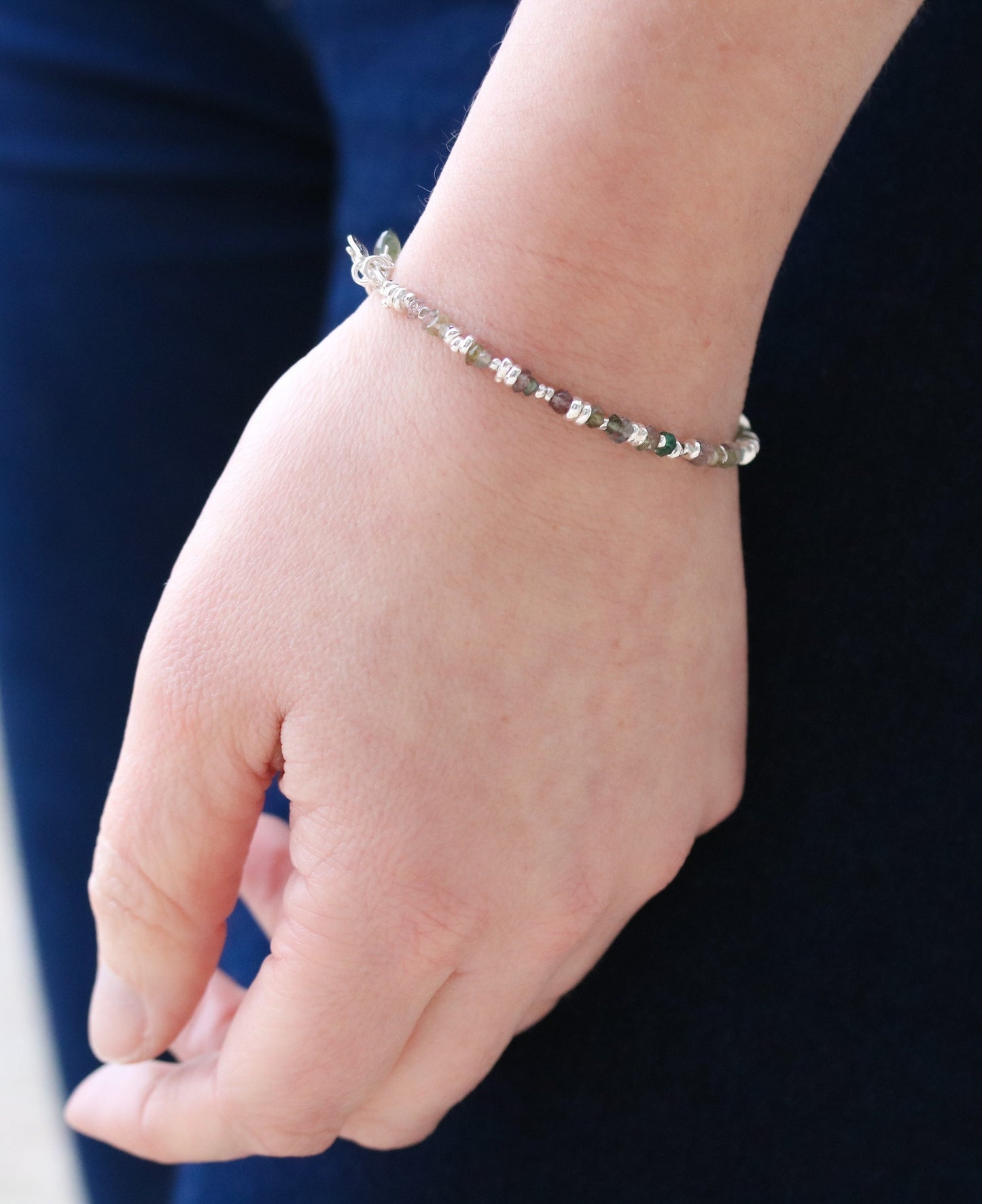 Karen Hill Tribe Silver Nugget Bracelet: Green Tourmaline Gemstone