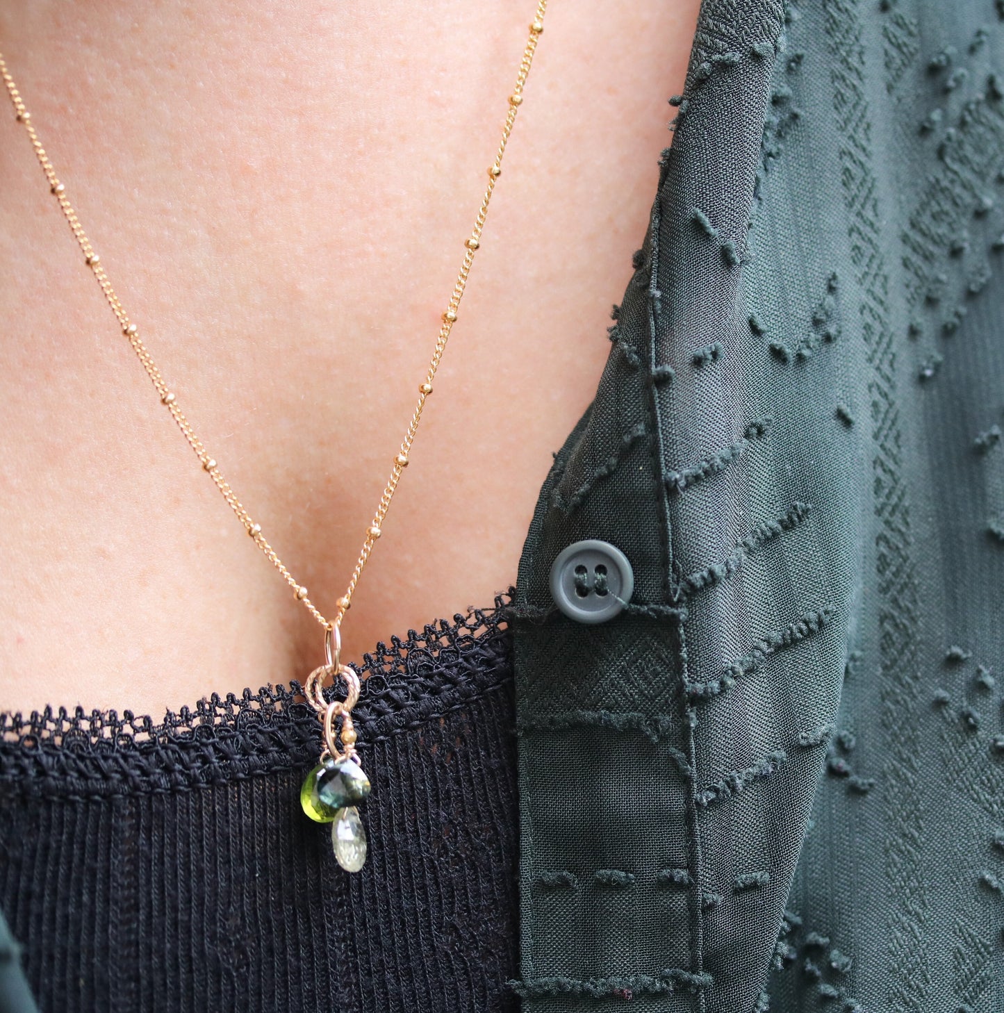 Handmade Faceted Tourmaline Gold Necklace: Hammered Rings, October Birthstone