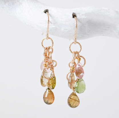 Hammered Gold Filled Tourmaline Earrings: Multicolored Gemstone Dangle Earrings