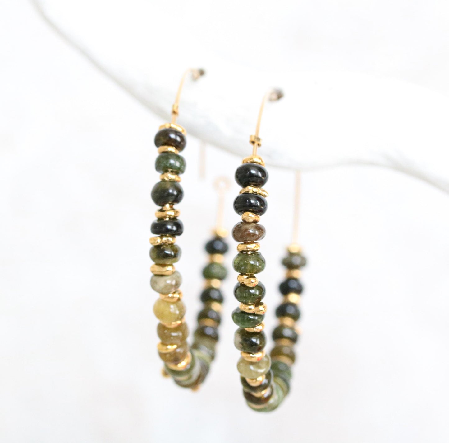 Handmade Green Tourmaline Hoop Earrings: 14k Gold Fill Gemstone Hoops