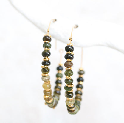 Handmade Green Tourmaline Hoop Earrings: 14k Gold Fill Gemstone Hoops