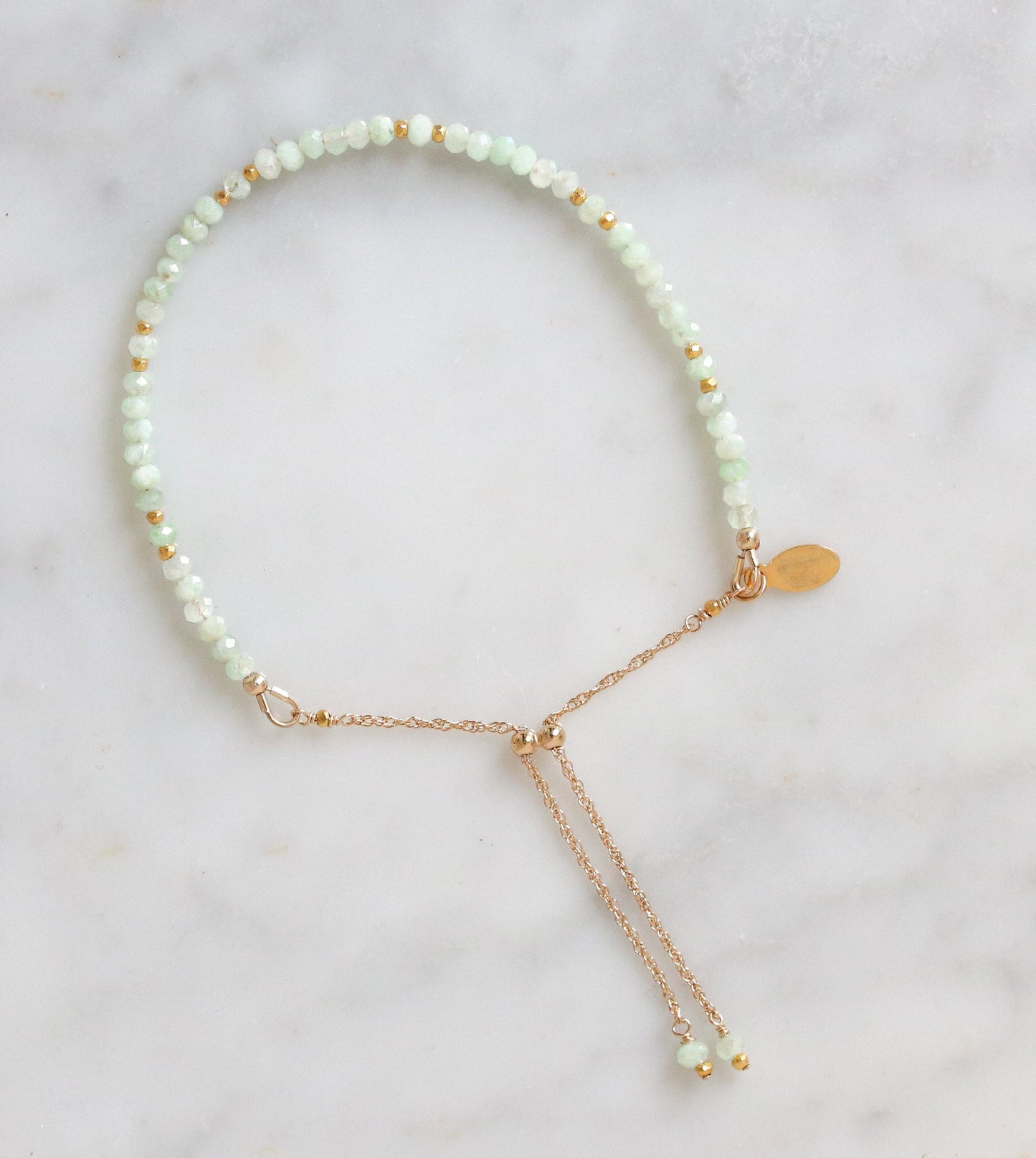 Green Opal Bracelet: Gold Karen Hill Tribe Bead, Adjustable Chain