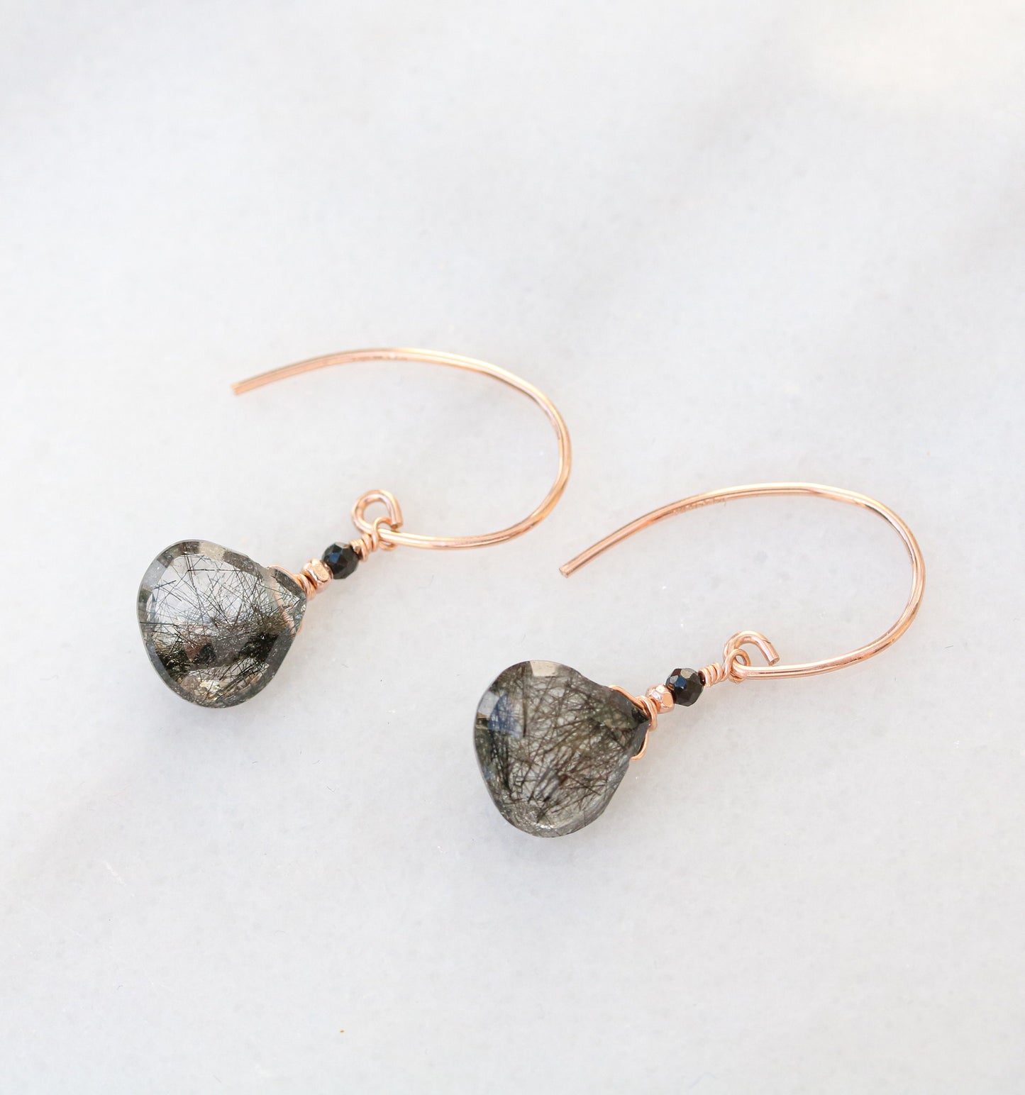 Rose Gold Rutilated Quartz Earrings: Black Onyx Gemstone Dangles