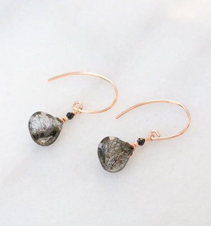 Rose Gold Rutilated Quartz Earrings: Black Onyx Gemstone Dangles