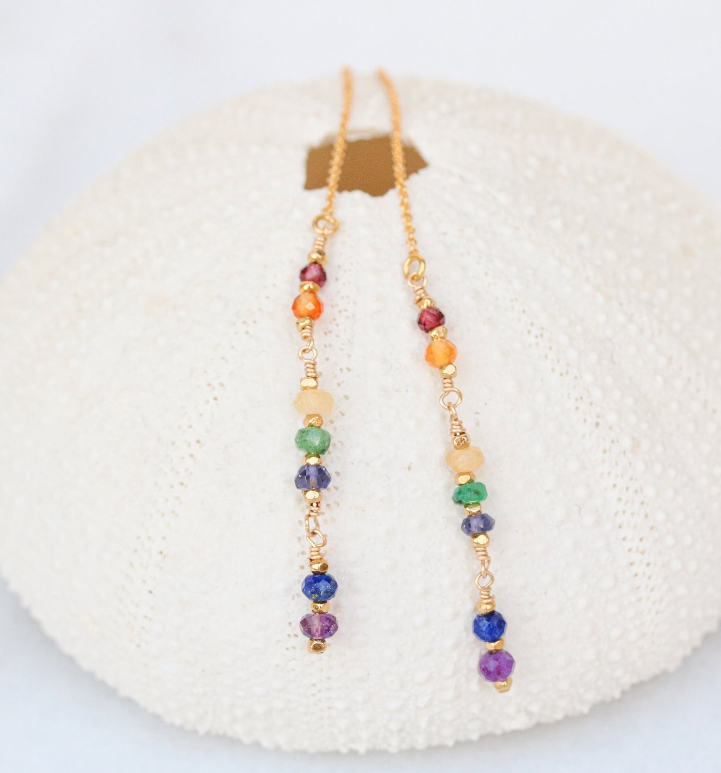 Handmade Rainbow Gemstone Threader Earrings: 14k Gold Fill