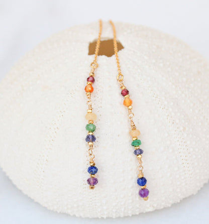 Handmade Rainbow Gemstone Threader Earrings: 14k Gold Fill