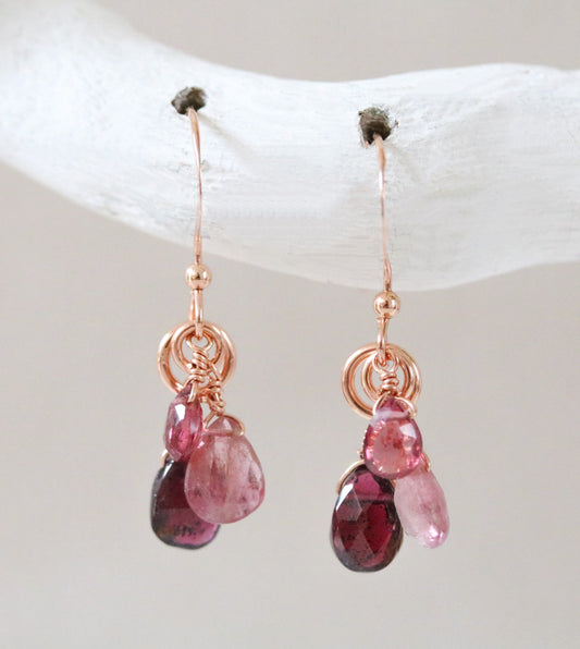 Teardrop Gemstone Earrings: Pink Tourmaline, Red Spinel & Garnet, Rose Gold Filled