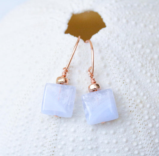 Blue Lace Agate Earrings: 14ct Rose Gold Filled, Faceted Gemstone