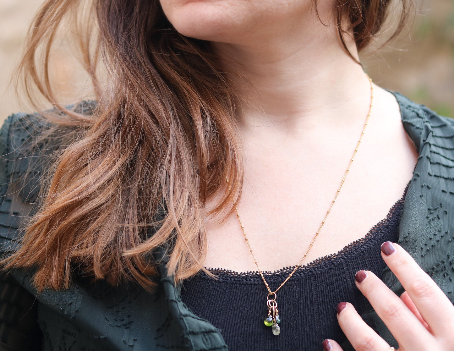Handmade Faceted Tourmaline Gold Necklace: Hammered Rings, October Birthstone