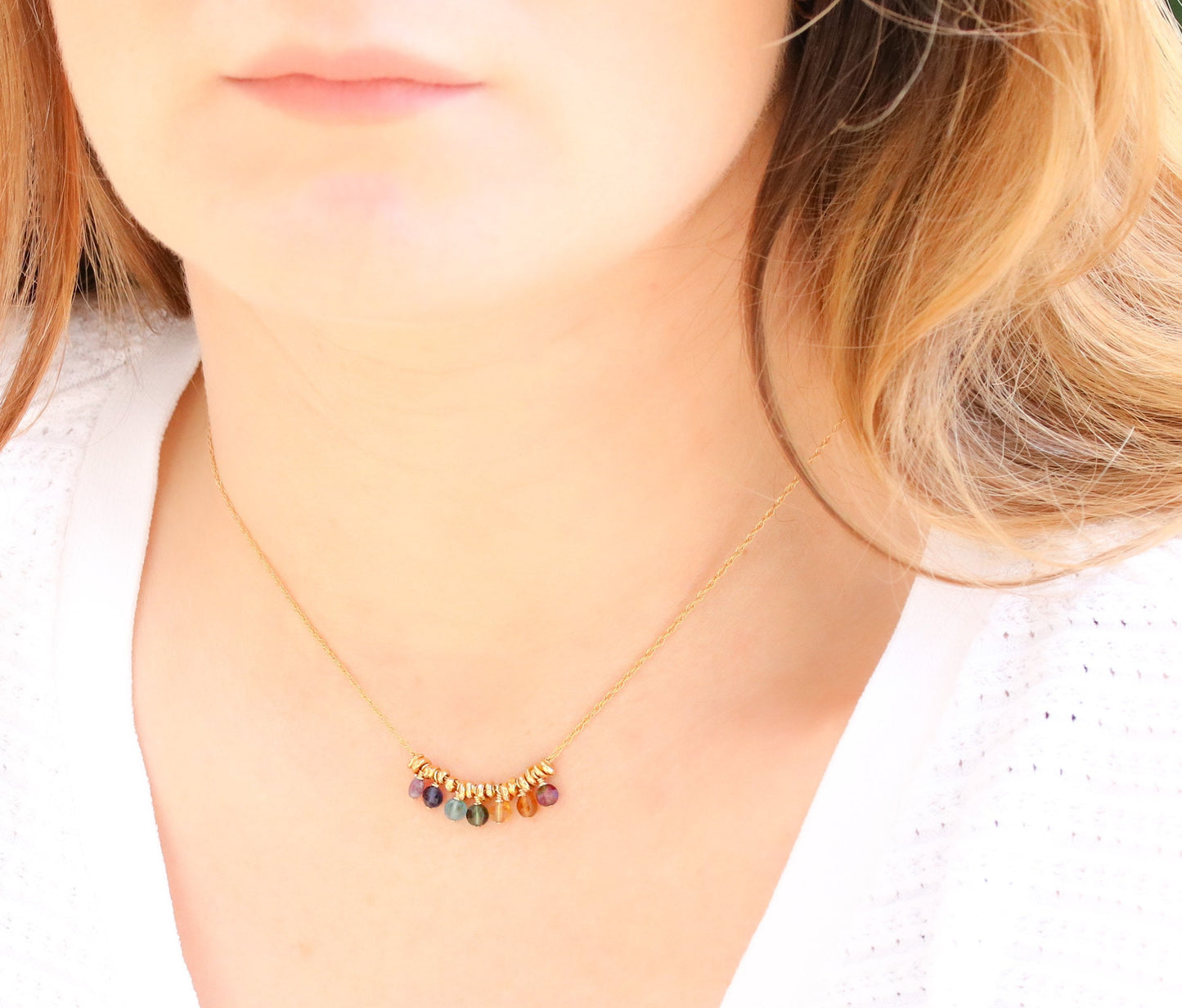 Rainbow Gemstone Mini Coin Necklace: 14k Gold Filled Charm, Handmade in France