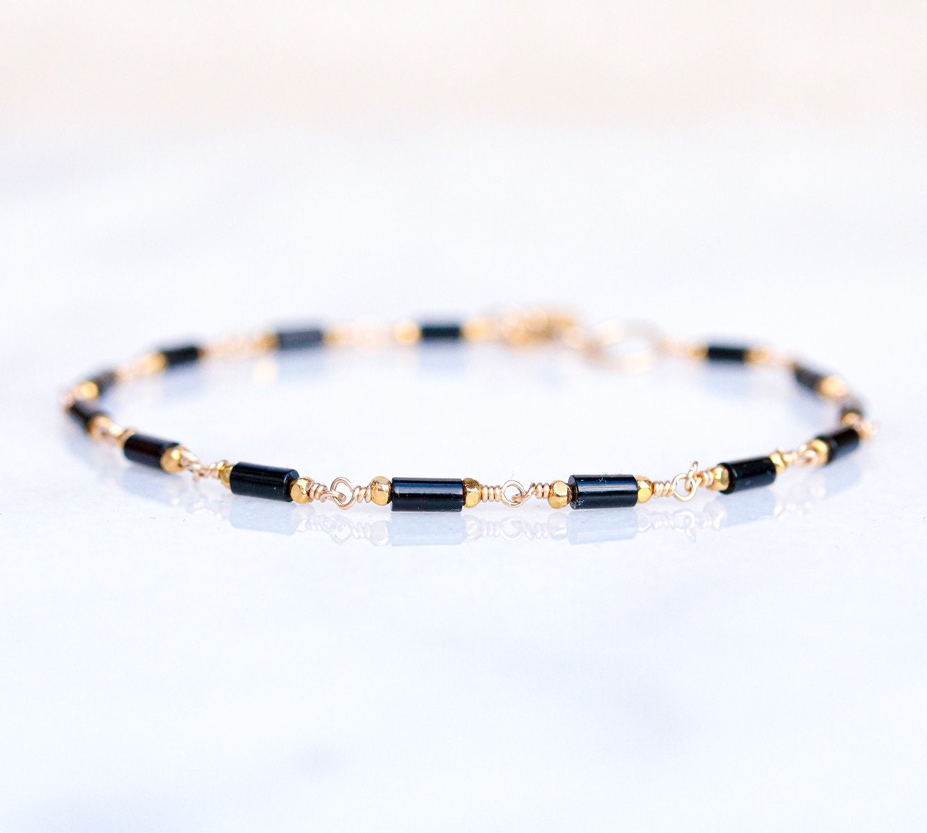 Black Agate Bracelet: Gold Karen Hill Tribe Beads, Dainty Chain