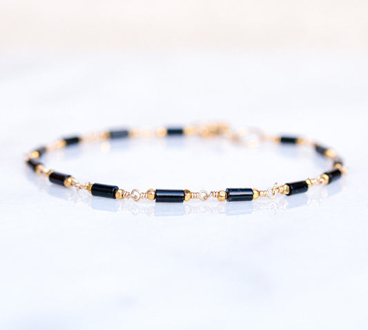 Black Agate Bracelet: Gold Karen Hill Tribe Beads, Dainty Chain