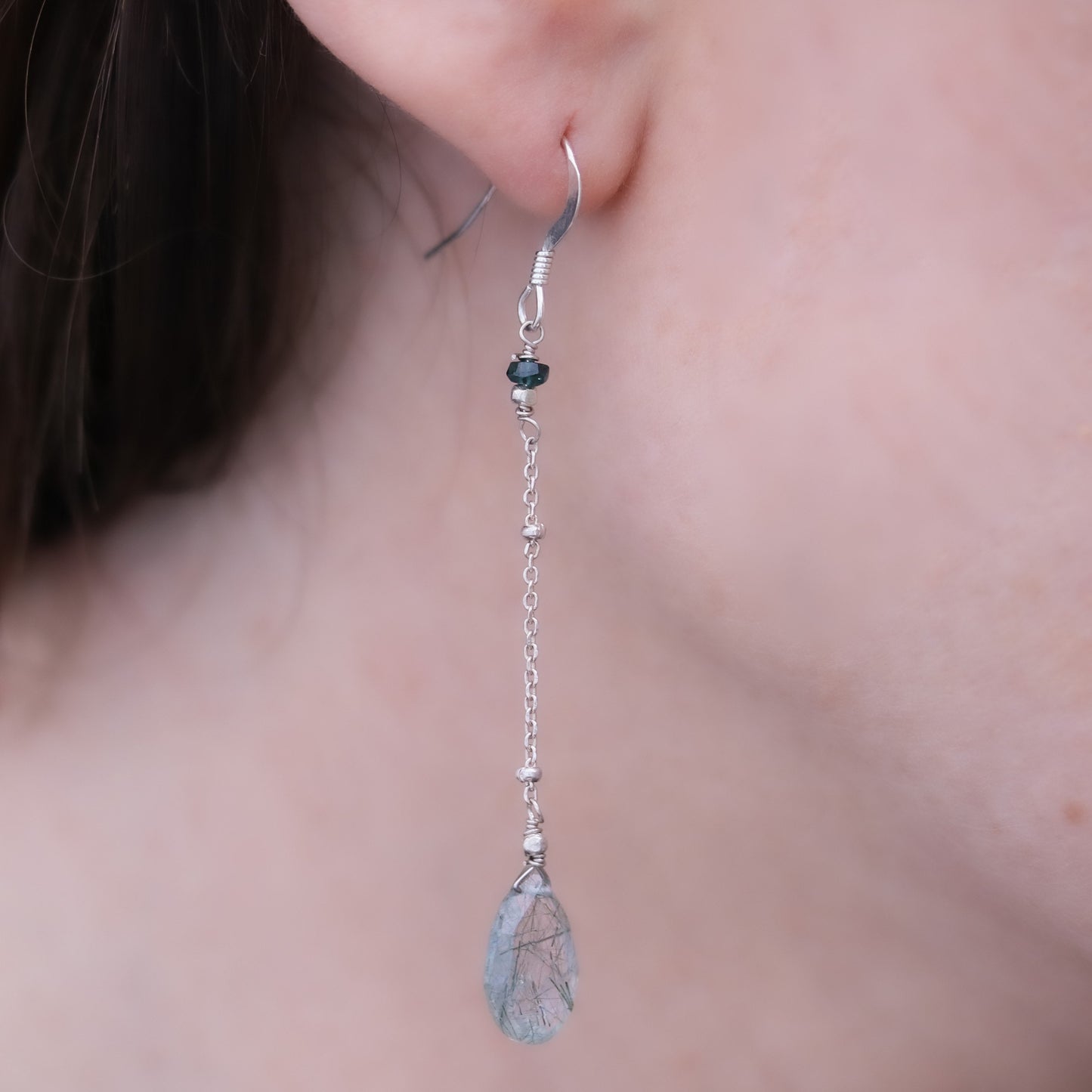 Handmade Rose Gold Rutilated Quartz Dangle Earrings: Labradorite Accent