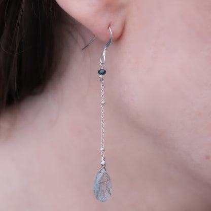 Handmade Rose Gold Rutilated Quartz Dangle Earrings: Labradorite Accent