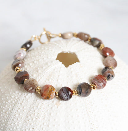 Fossilized Wood Bracelet: Karen Hill Tribe Gold Fill, Gemstone Toggle Clasp