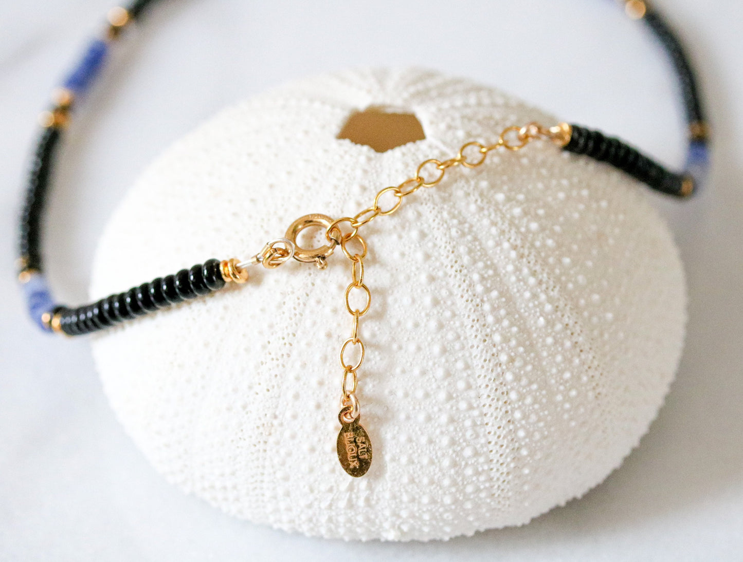 Blue Spot Jasper & Black Onyx Heishi Necklace: Gold Vermeil Surfer Choker