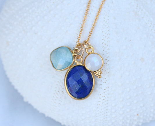 Gold Charm Necklace: Moonstone, Lapis Lazuli & Aqua Chalcedony