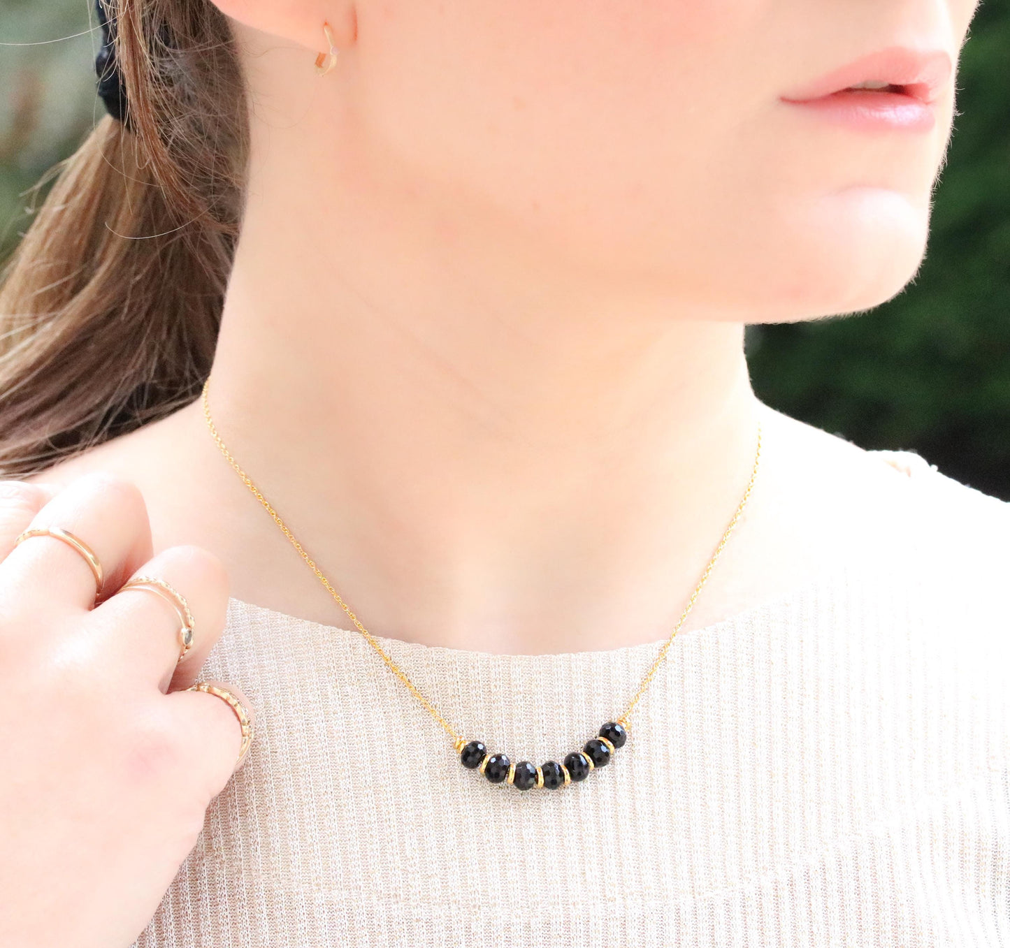 Natural Faceted Black Onyx Rondelle 14ct Gold Fill Necklace with Extender Chain for Perfect Fit Unique Valentine’s Day Gift Idea for Women