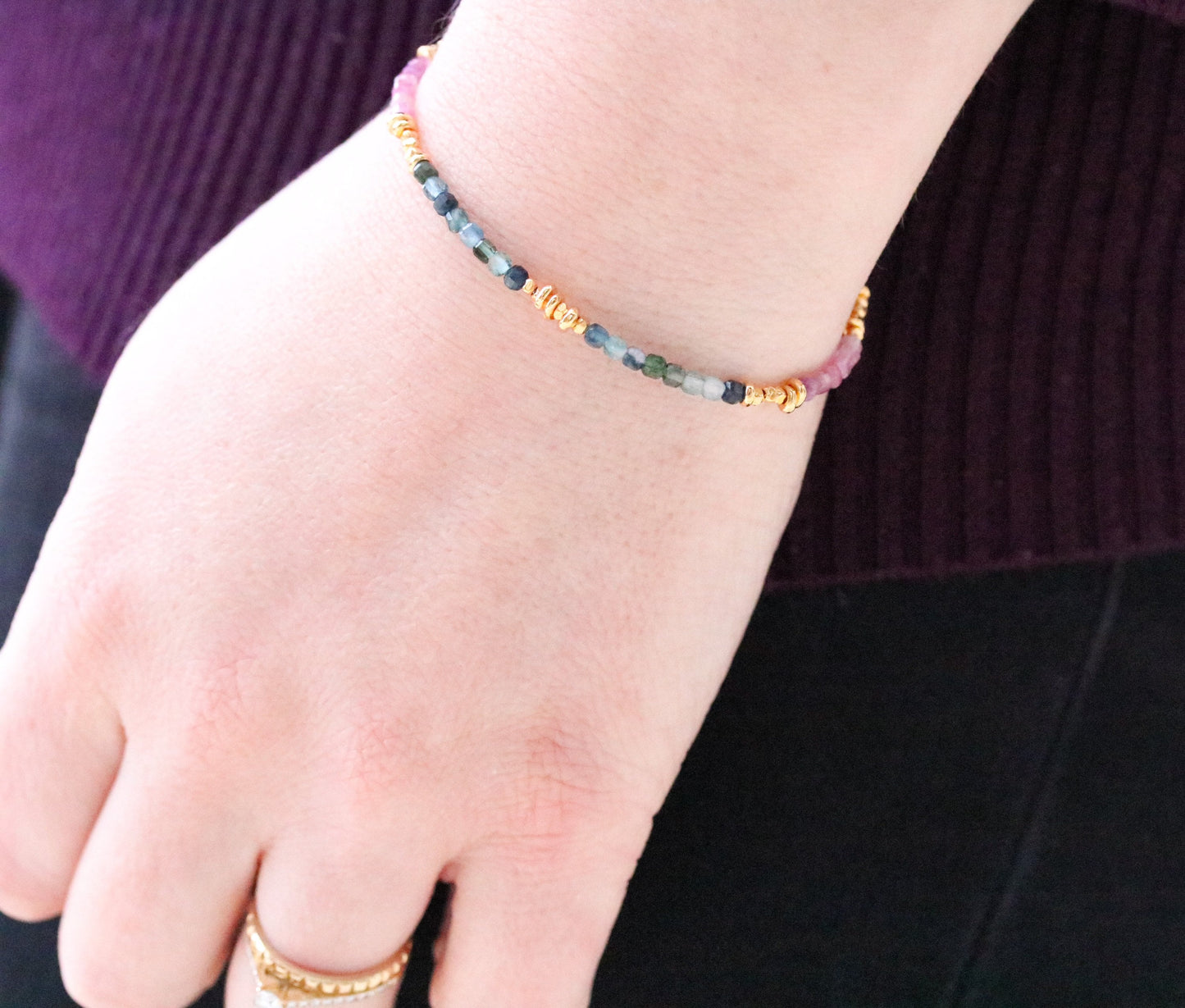 Faceted Tourmaline Mini Cube Bracelet: Gold Karen Hill Tribe Beads