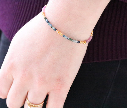 Faceted Tourmaline Mini Cube Bracelet: Gold Karen Hill Tribe Beads