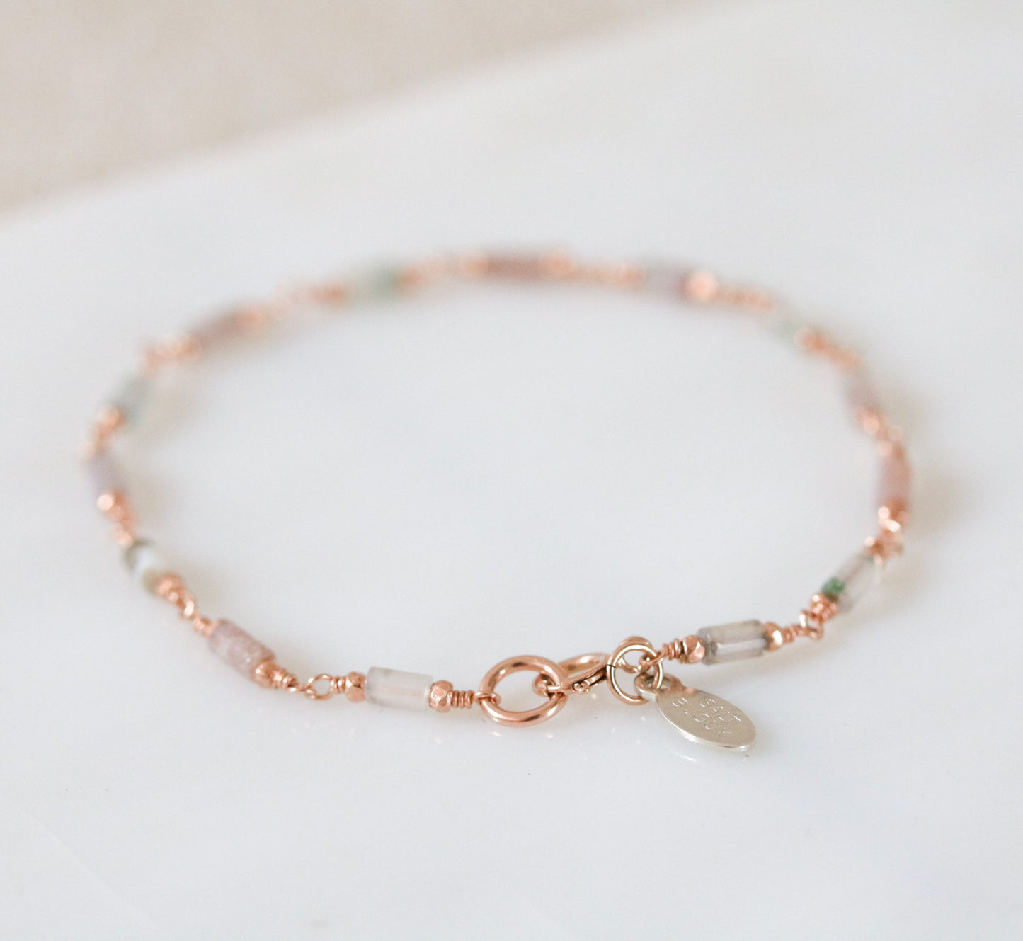 Pastel Pink Mint Agate Bracelet: Rose Gold Vermeil Chain, Dainty Jewelry
