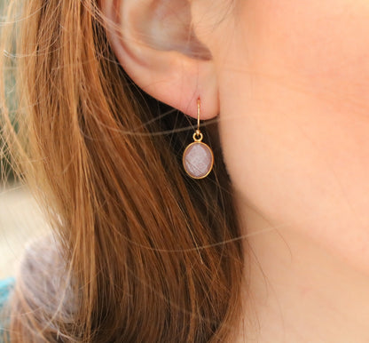 Sunstone Gold Filled Earrings: 14k Bezel Set, Peach Pink Gemstone