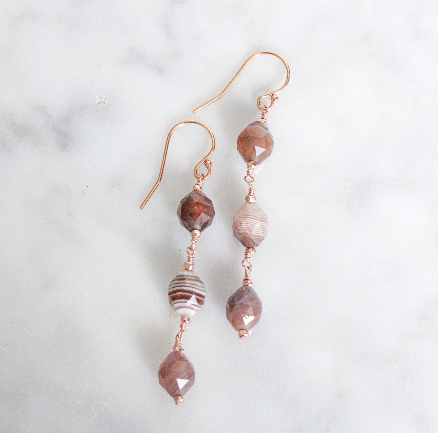 Handmade Rose Gold Botswana Agate Drop Earrings: Unique Gemstone Jewelry