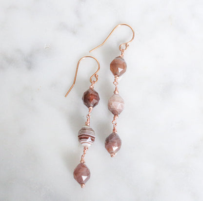 Handmade Rose Gold Botswana Agate Drop Earrings: Unique Gemstone Jewelry
