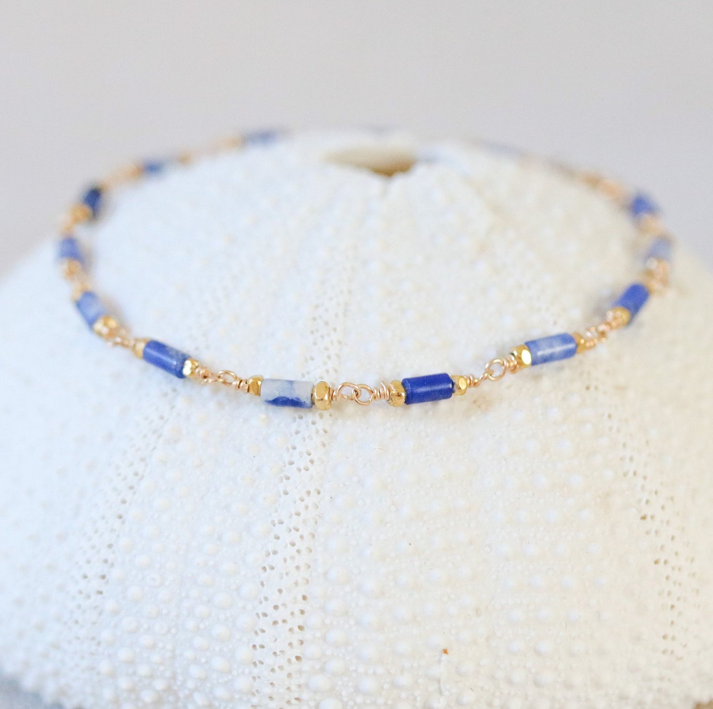 Sodalite Beaded Bracelet: Gold Karen Hill Tribe Beads, Dainty Chain
