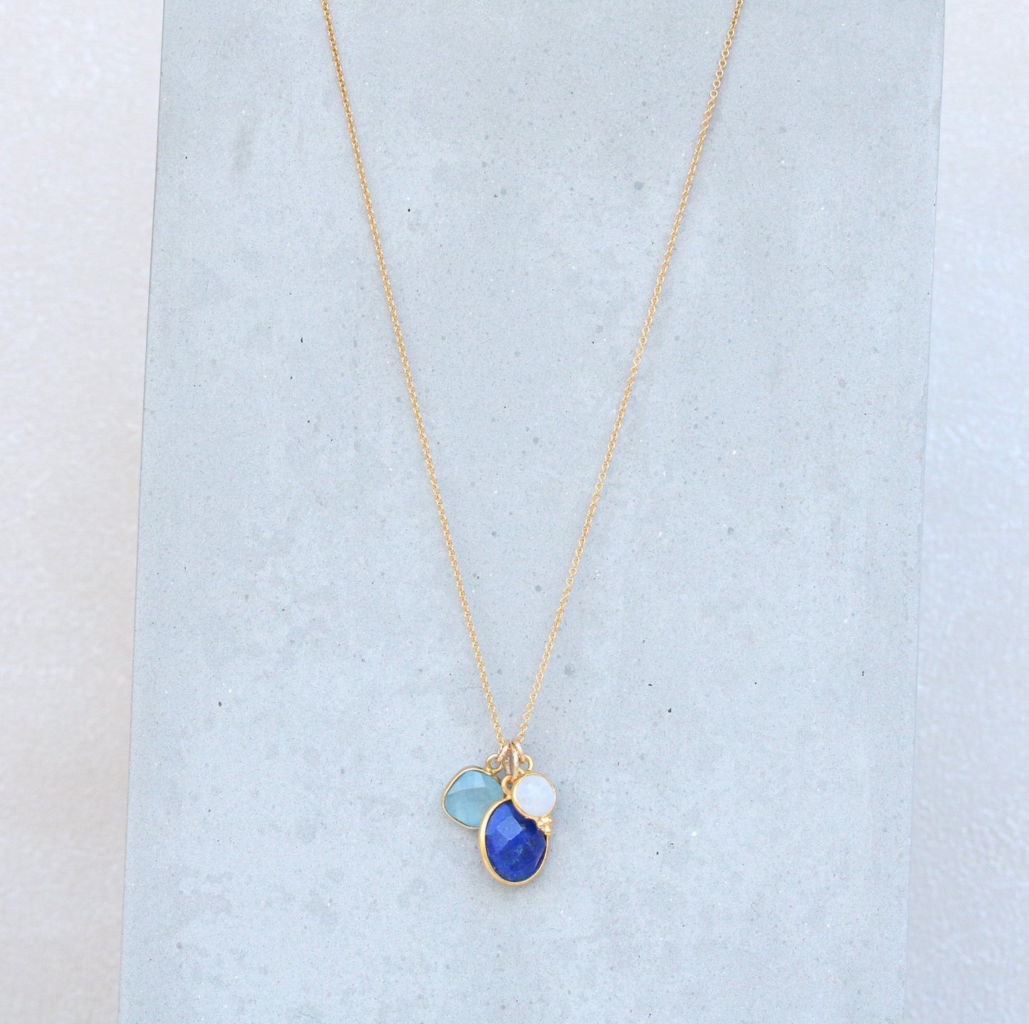 Gold Charm Necklace: Moonstone, Lapis Lazuli & Aqua Chalcedony